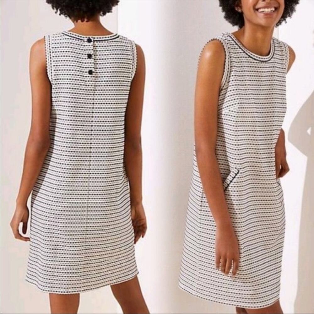 Loft tweed feel white and black sleeveless striped shift dress